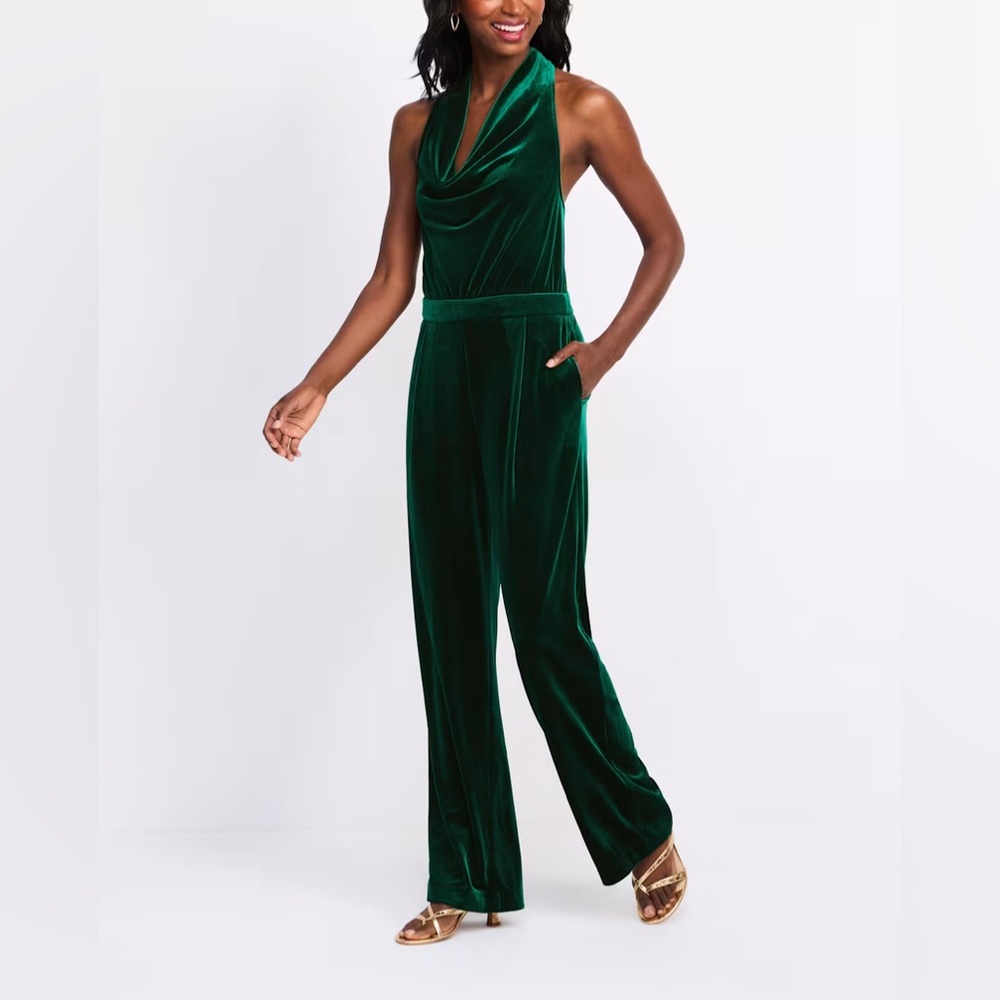 Skies Are Blue Green Velvet Jumpsuit